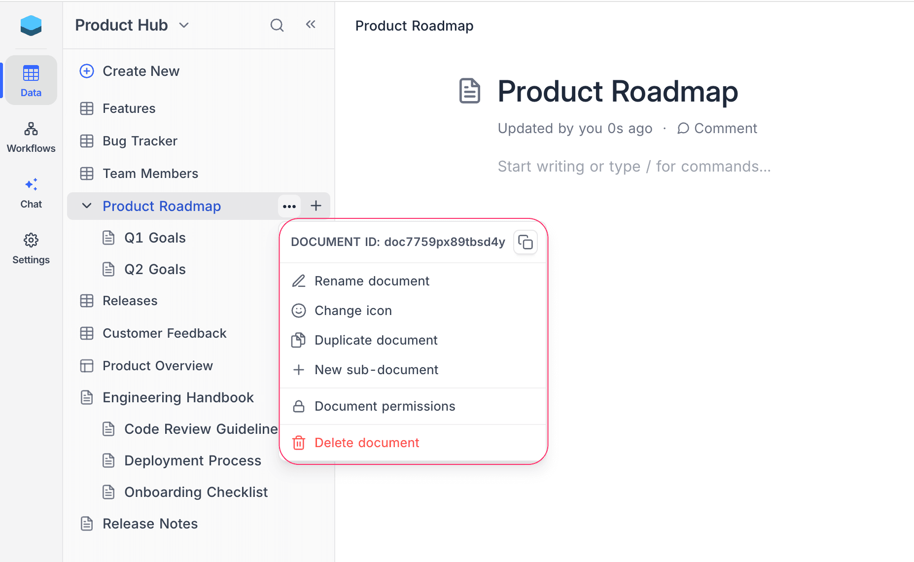 Document context menu with New sub-document option