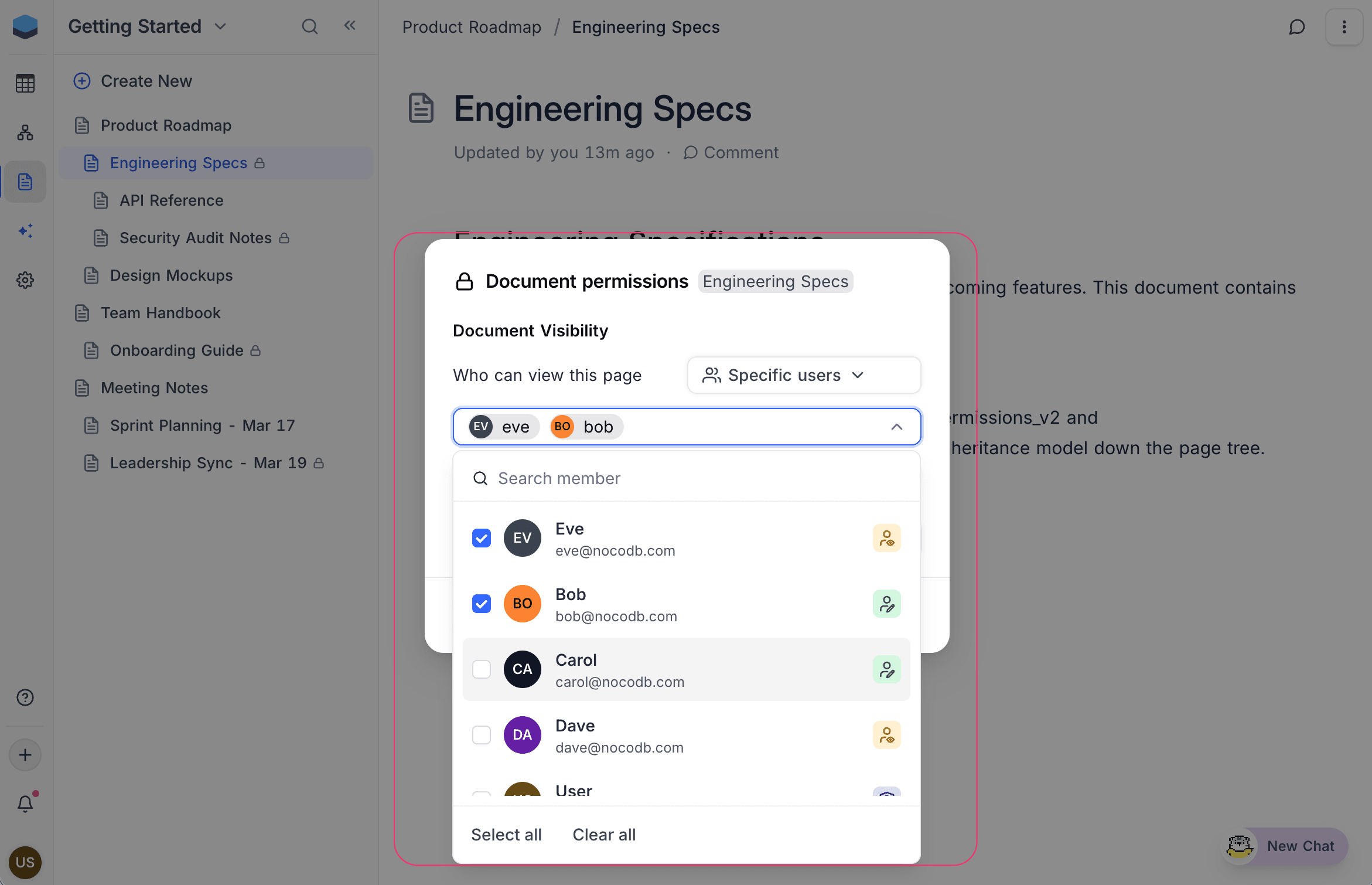 User selector for specific users permission