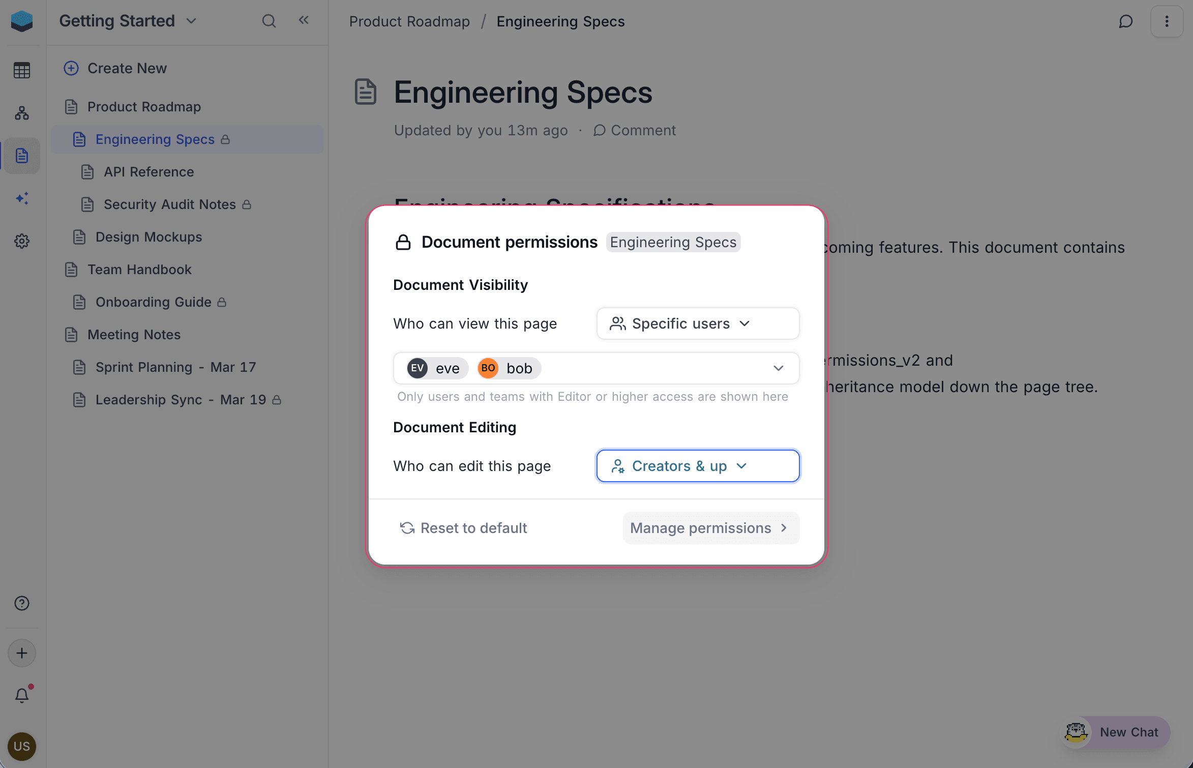 Document permissions dialog with visibility and editing settings