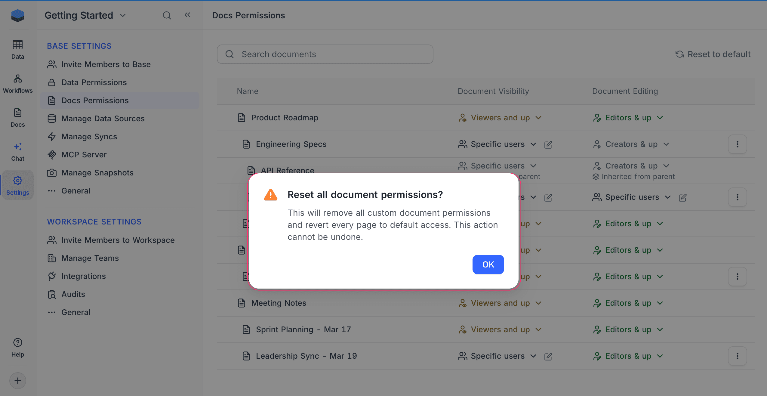 Reset all document permissions confirmation dialog