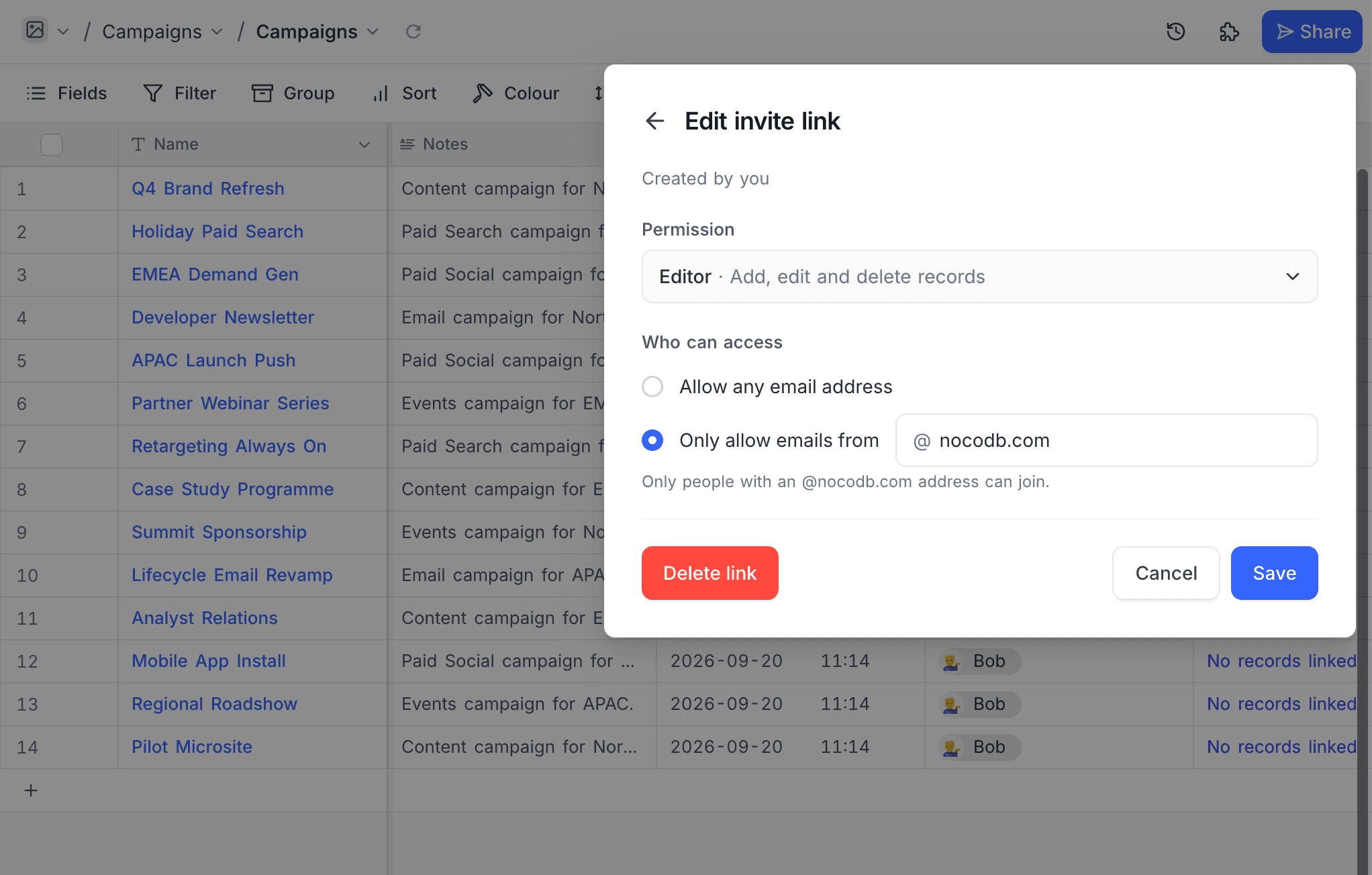 The Edit invite link screen
