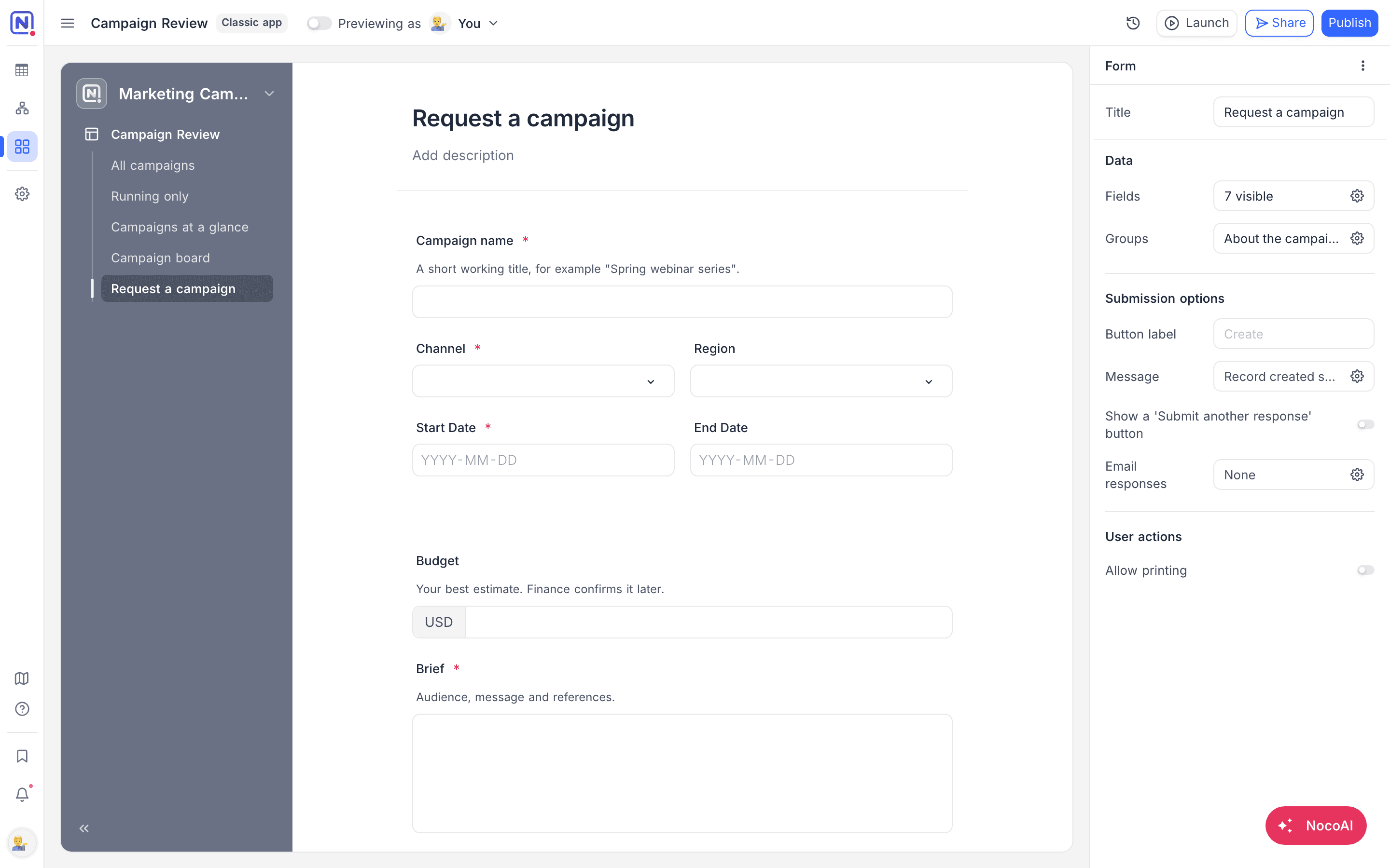 Form page in the builder