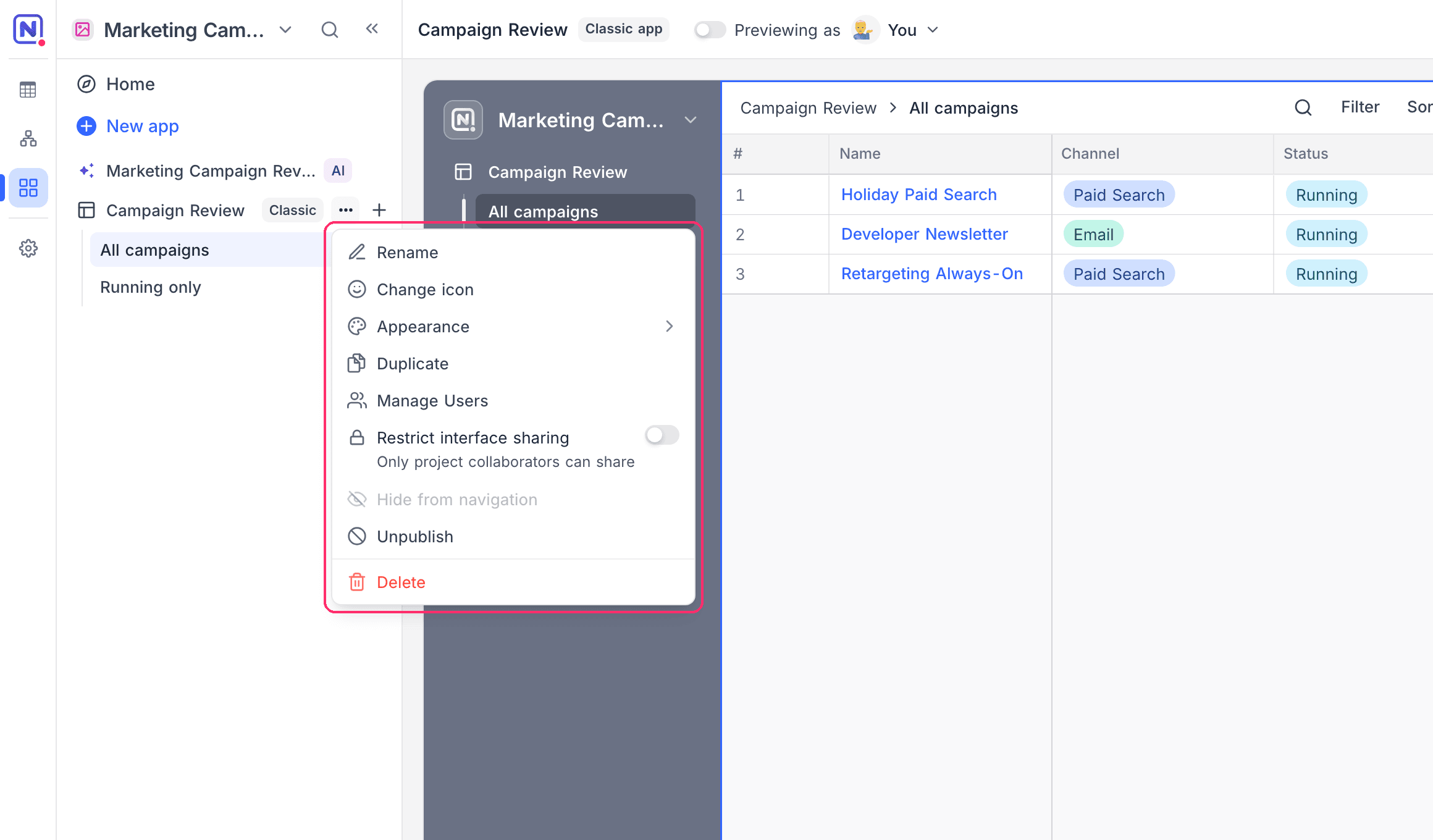 Classic app context menu