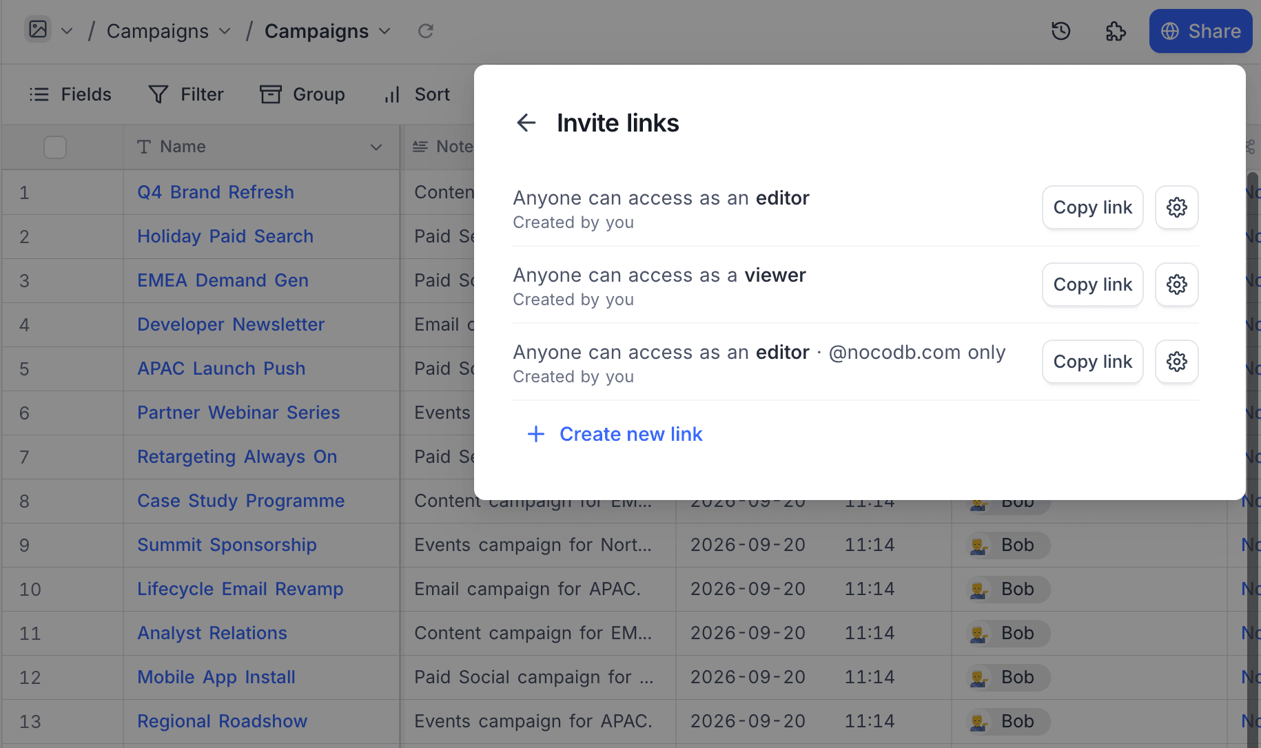 The Invite links screen