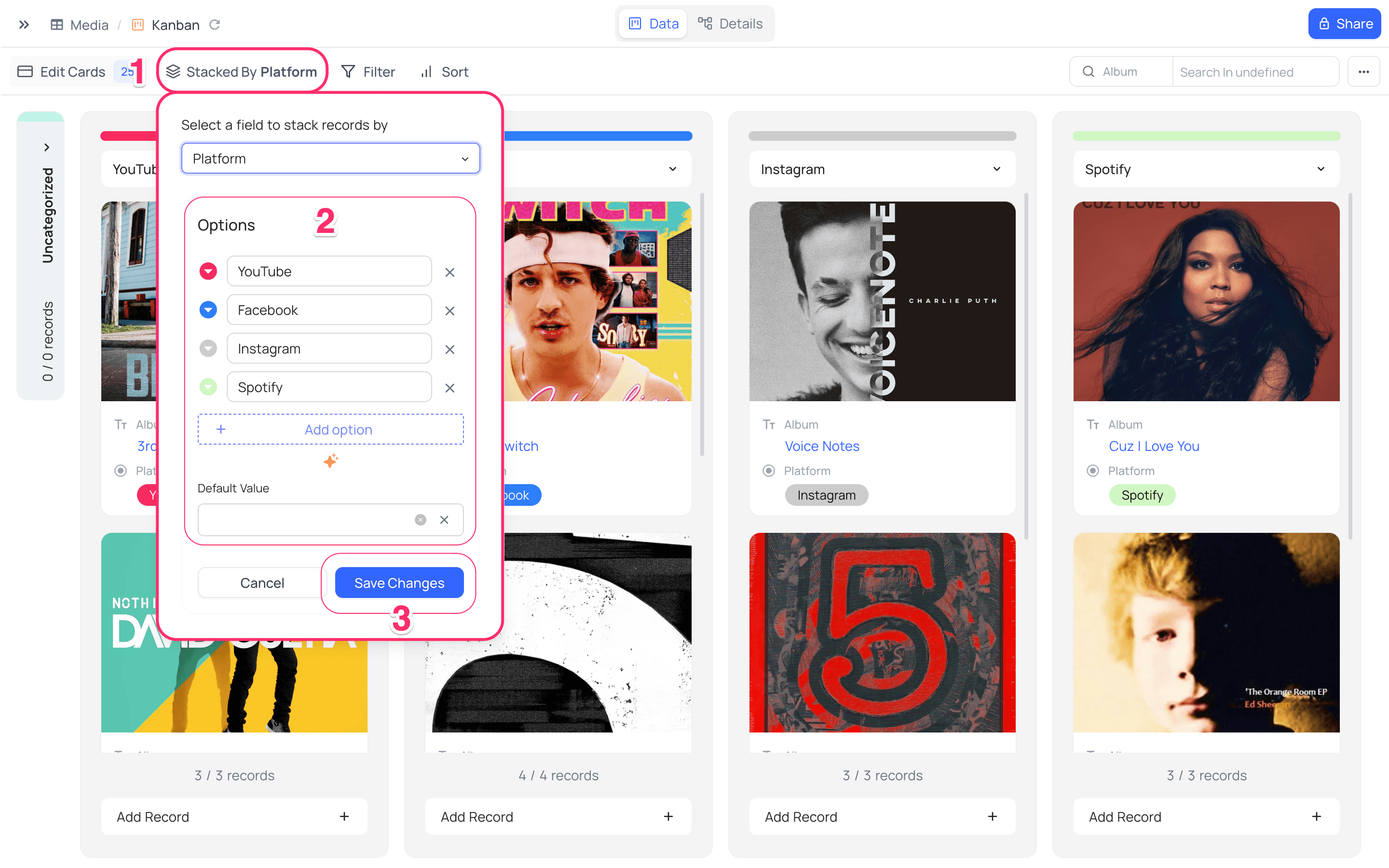 Add/modify option on the stacked-by single select field