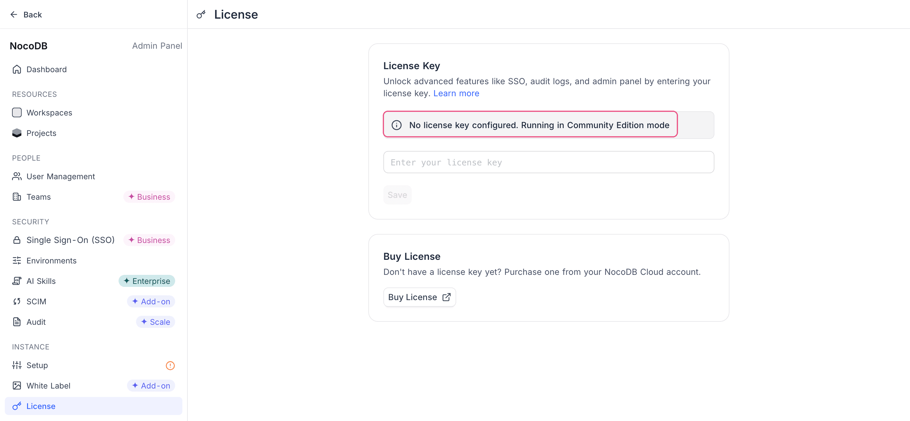 License page: no key configured