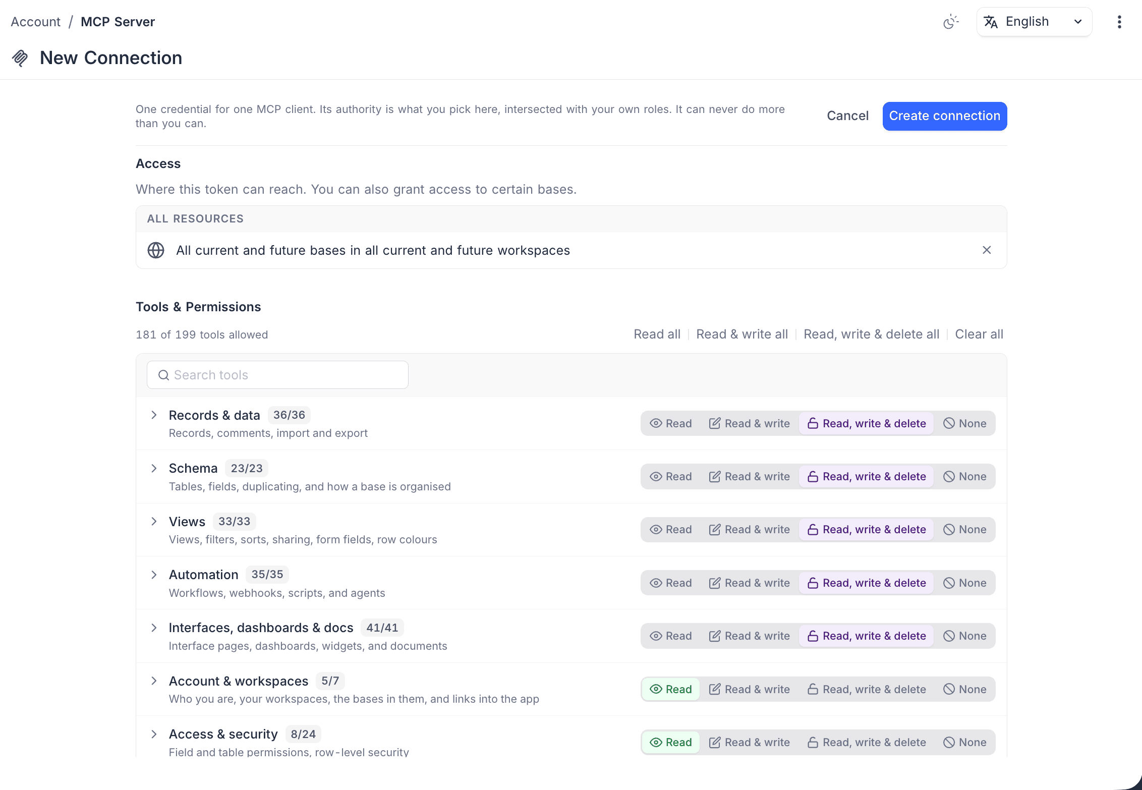 The New Connection form with Access and Tools & Permissions