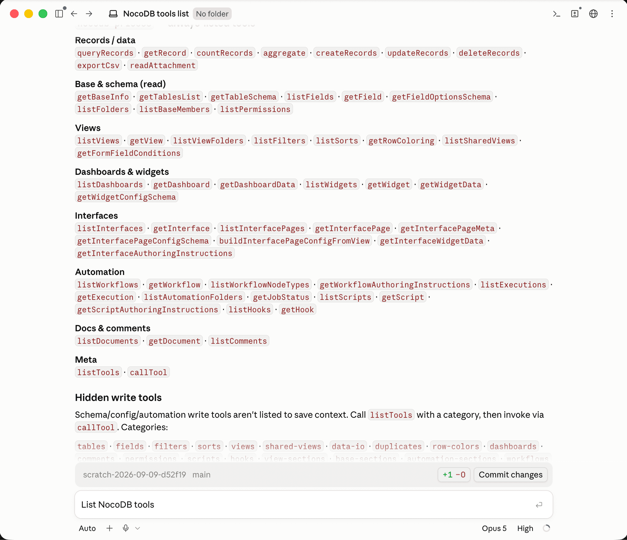 The NocoDB tool list in an MCP client, grouped by area