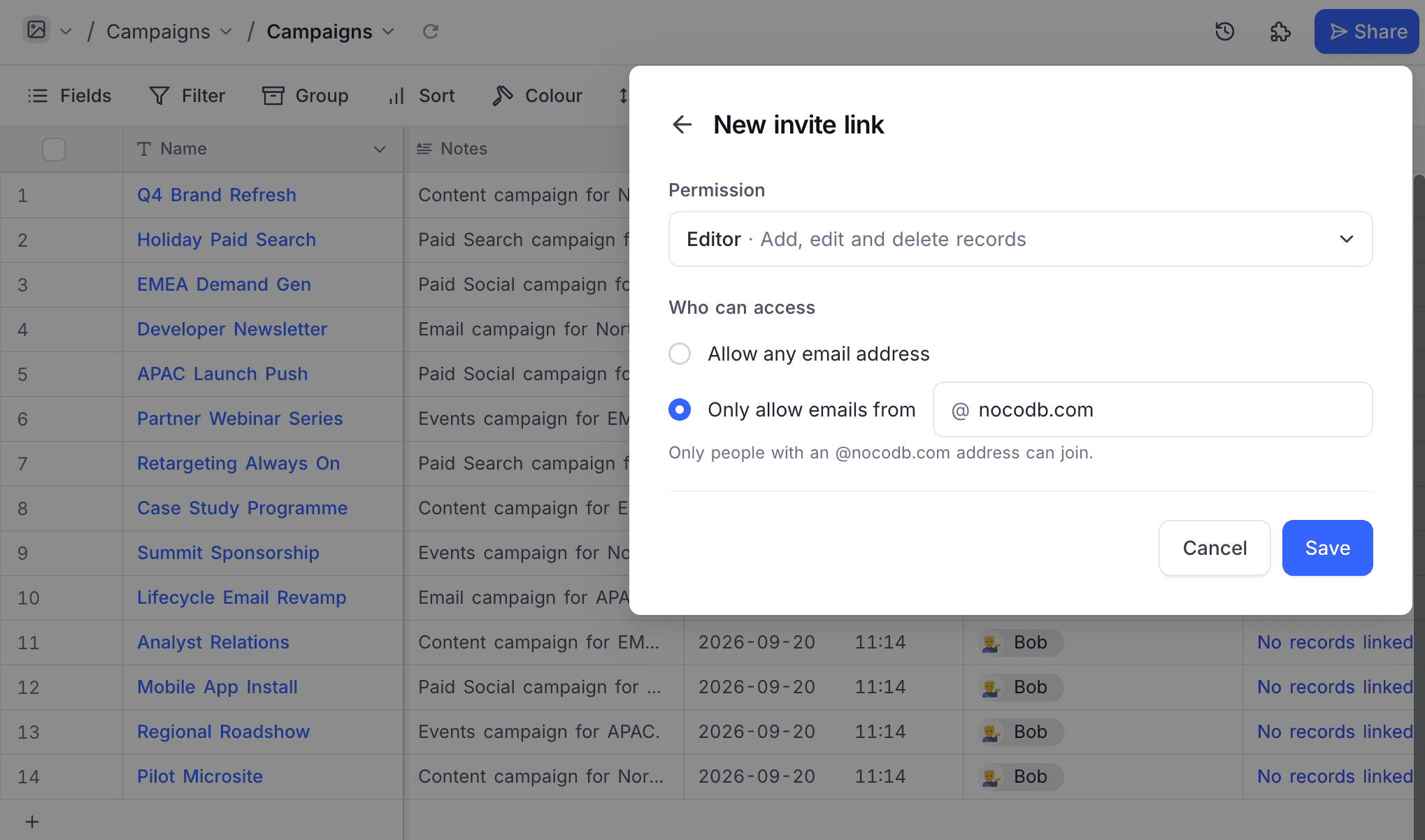 The New invite link screen