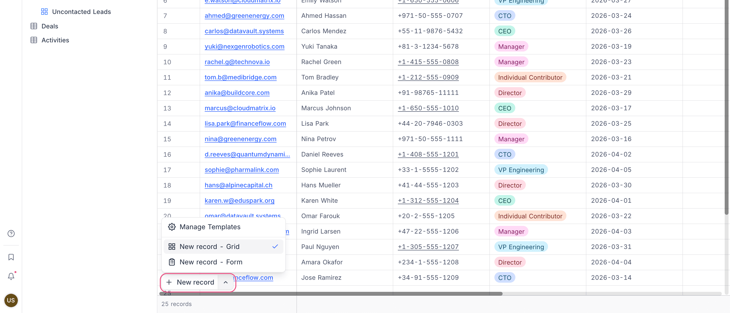 The New record control, with Grid, Form and Manage Templates