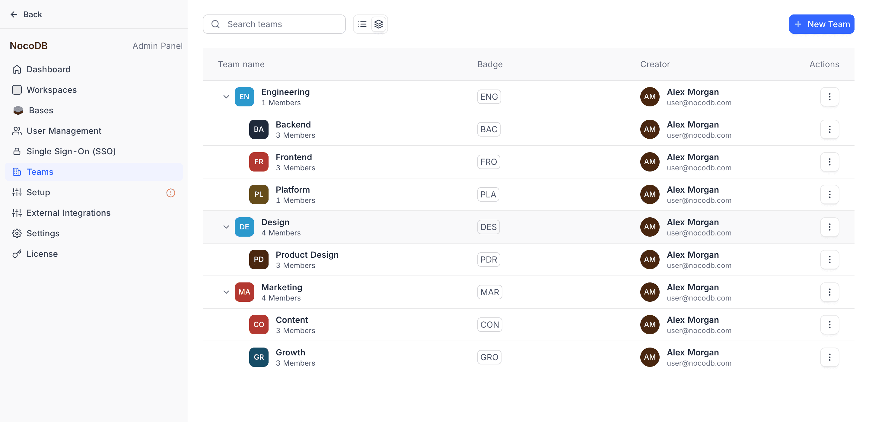 The organization teams list