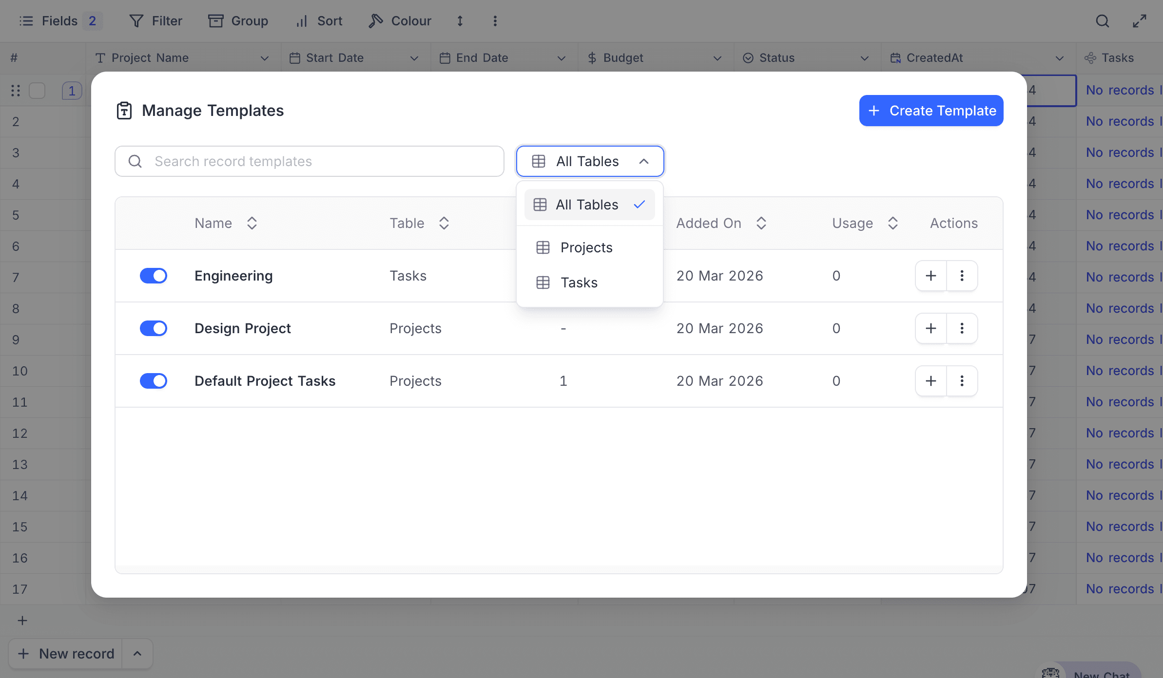 Filter templates by table