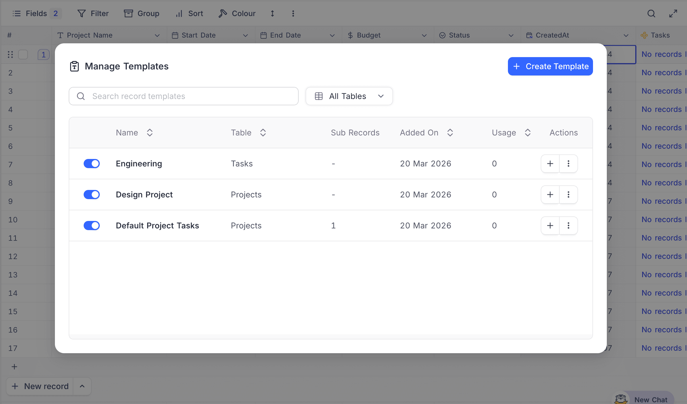 Manage Templates modal