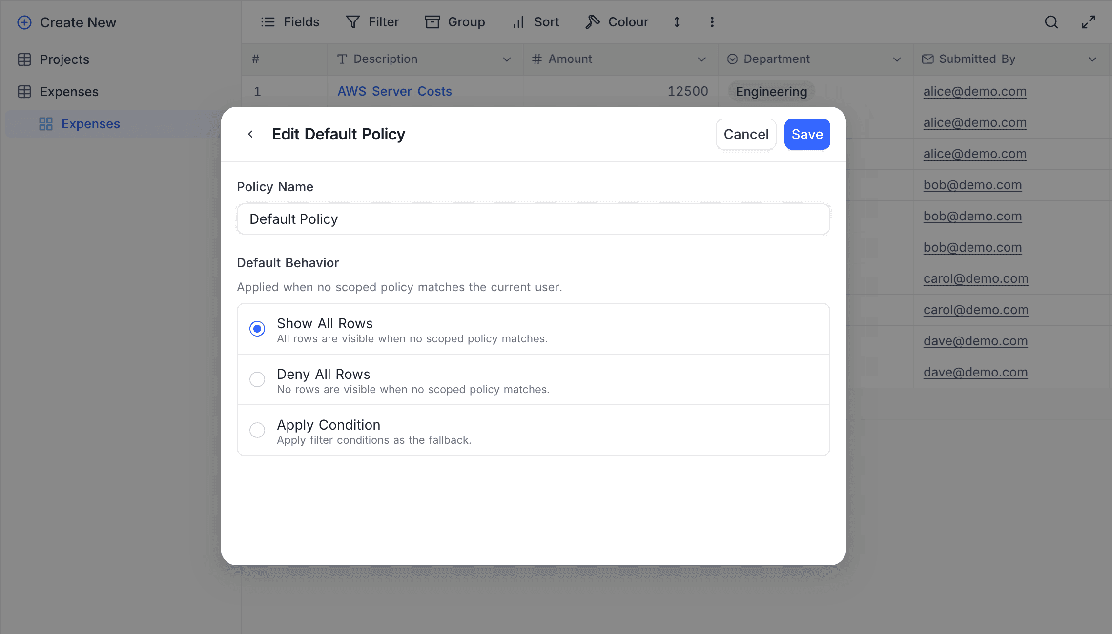 Default policy editor — behavior options