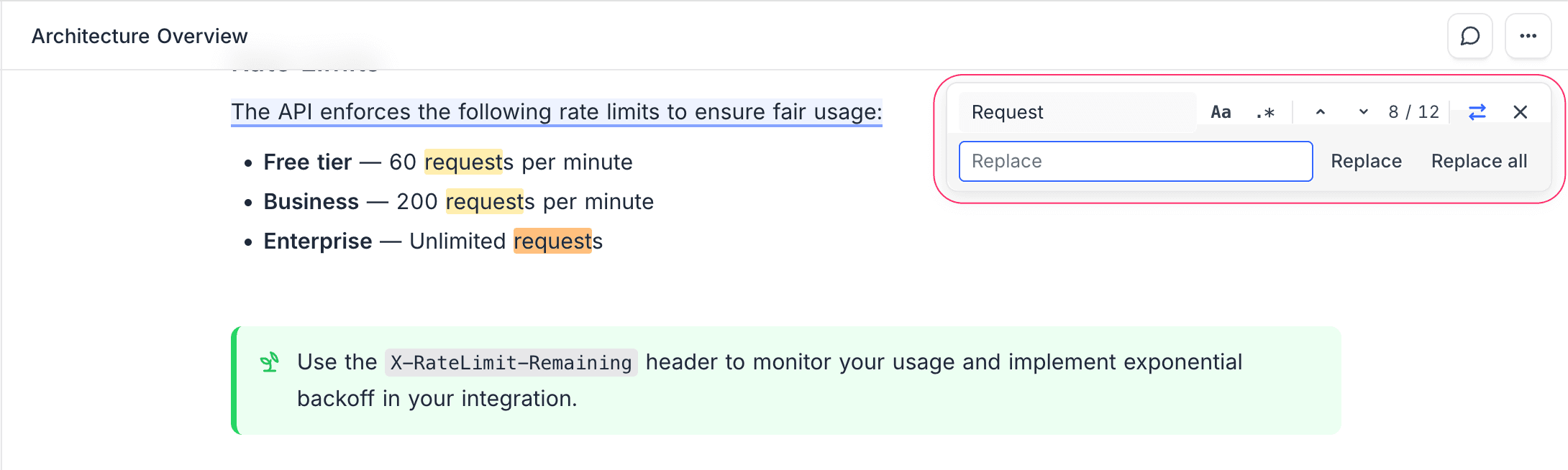Search bar with highlighted matches