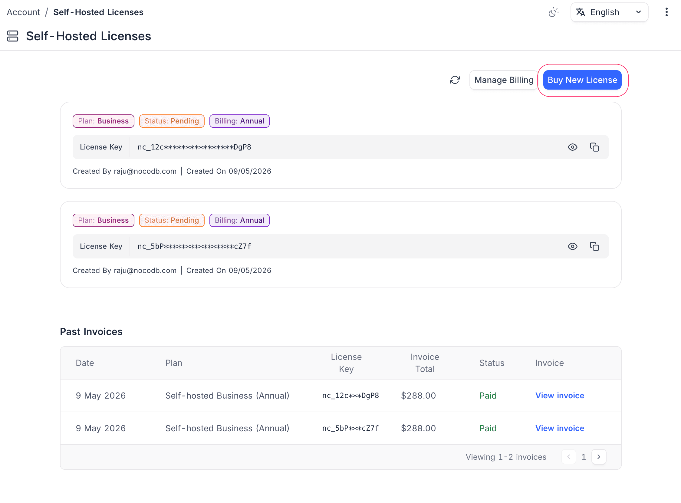 Self-Hosted Licenses list