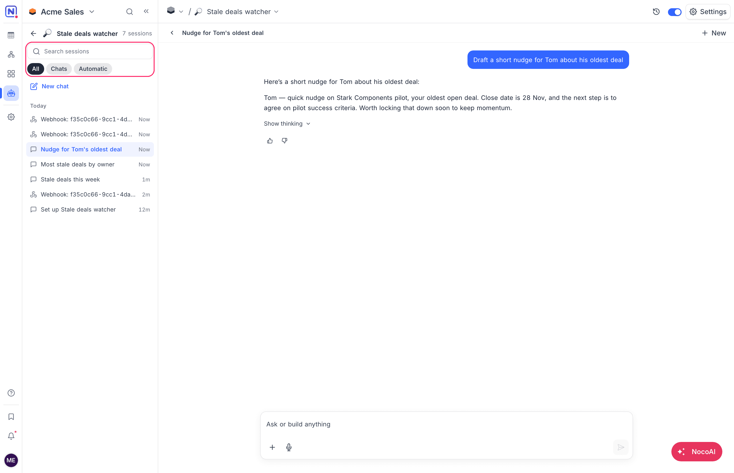 The session list of an agent with the search box and the All, Chats and Automatic filters