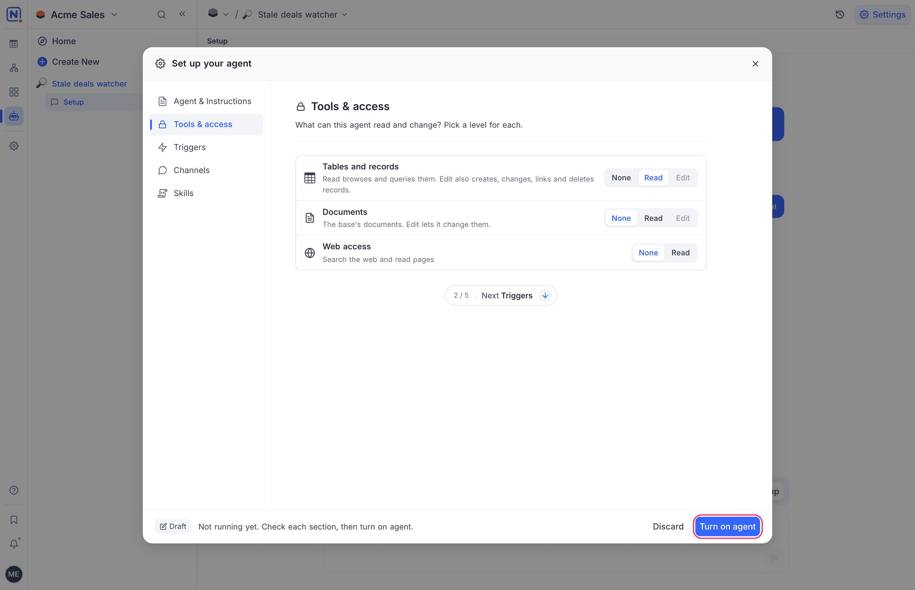 The agent settings at Tools & access with the Draft tag and Turn on agent in the footer