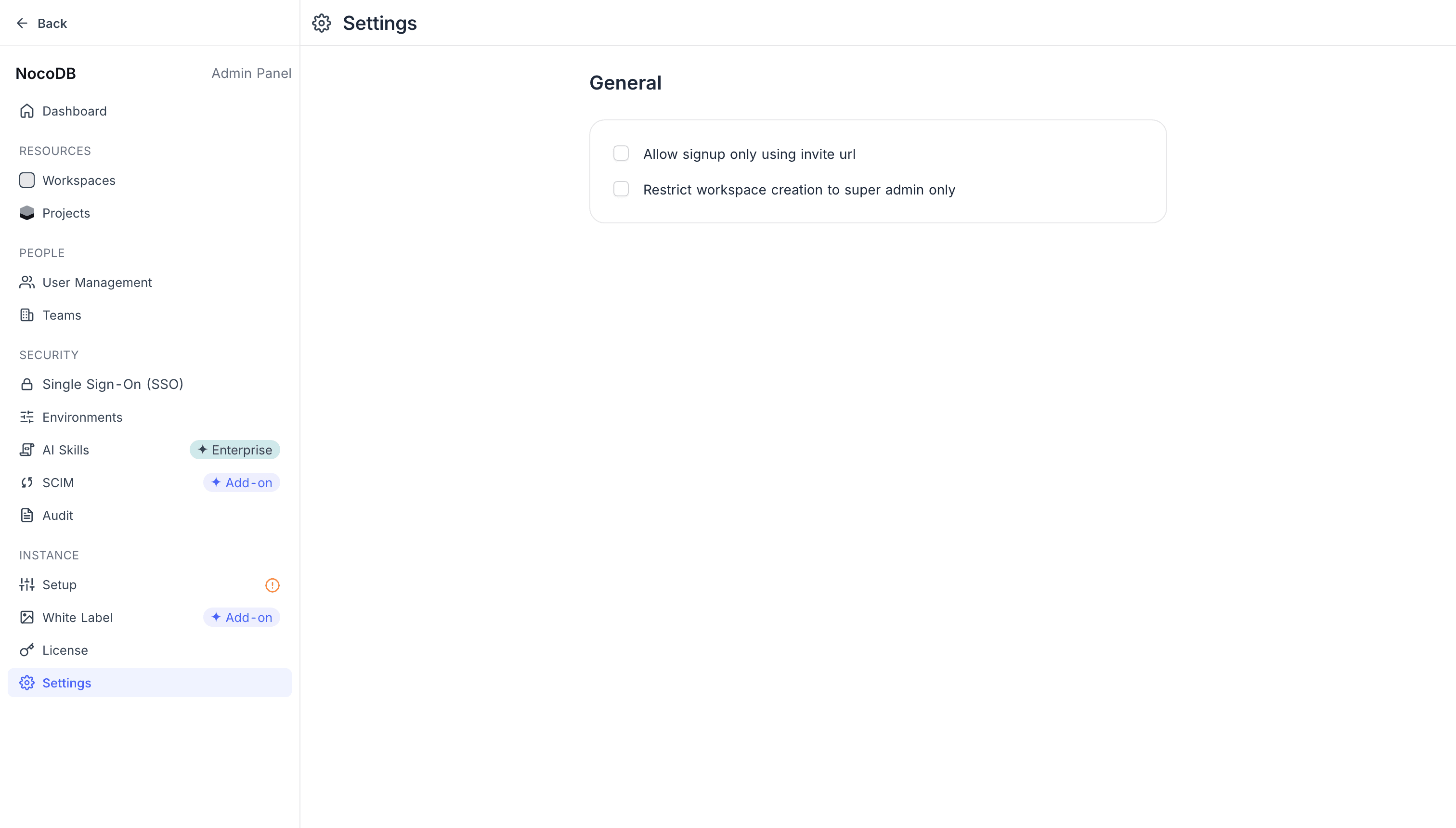 The Settings section of the Admin Panel