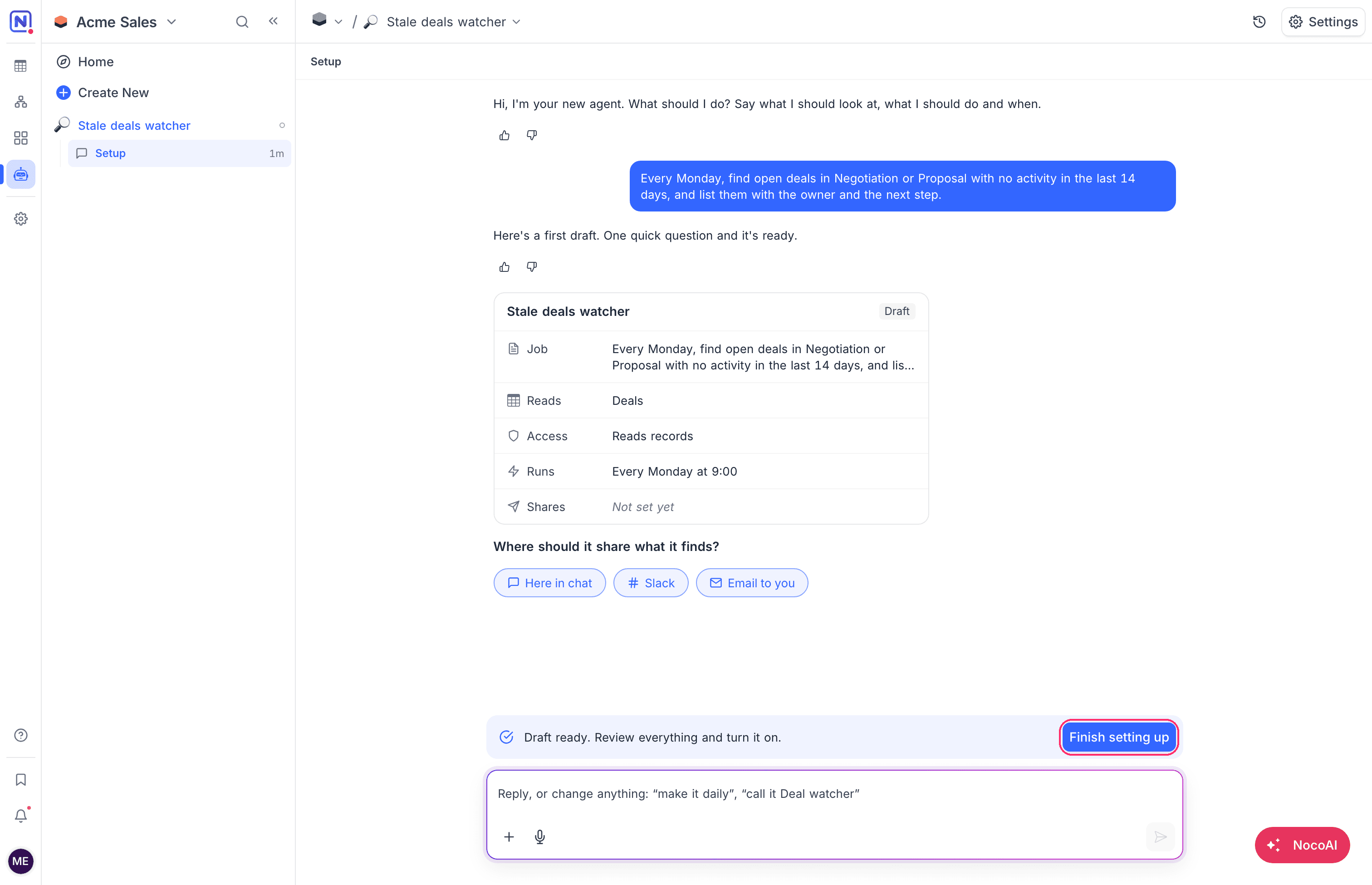 The setup chat with its draft card and Finish setting up