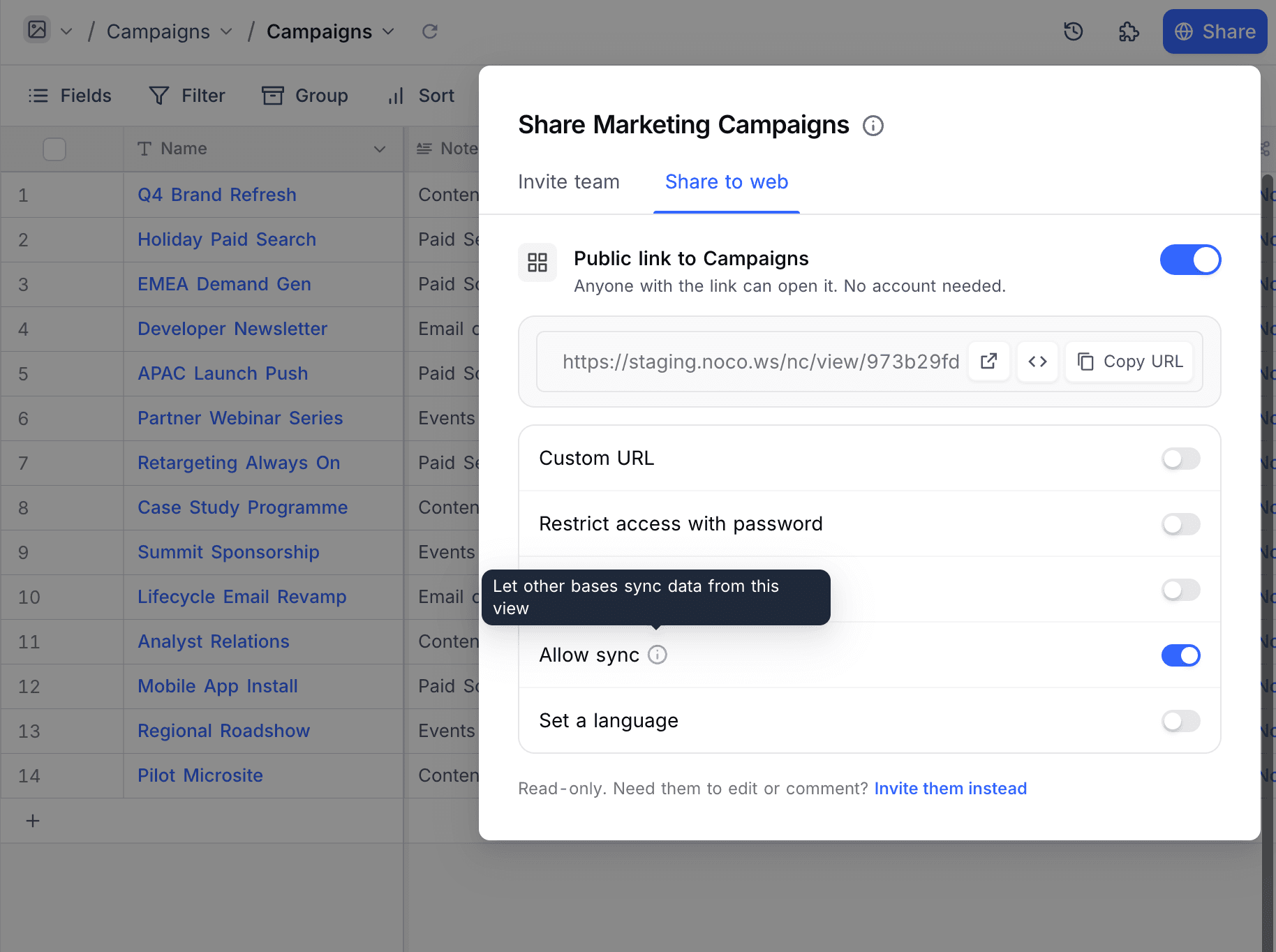 Allow sync toggle in share dialog