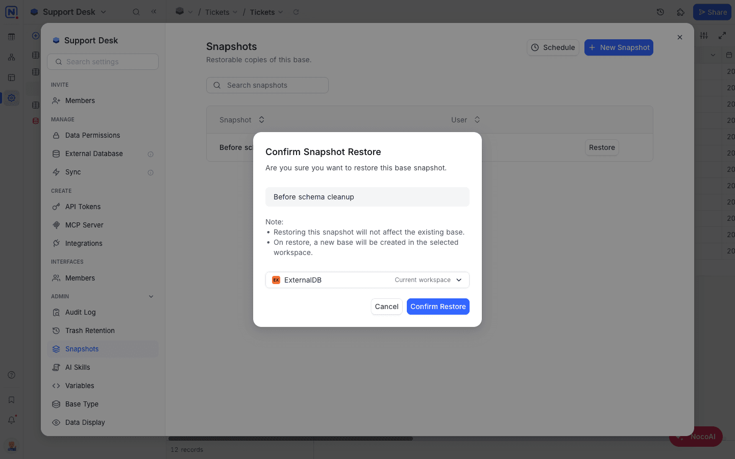 The Confirm Snapshot Restore dialog
