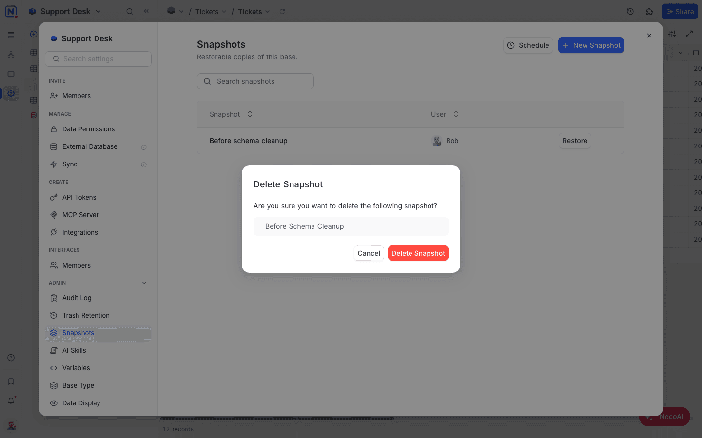 The Delete Snapshot confirmation