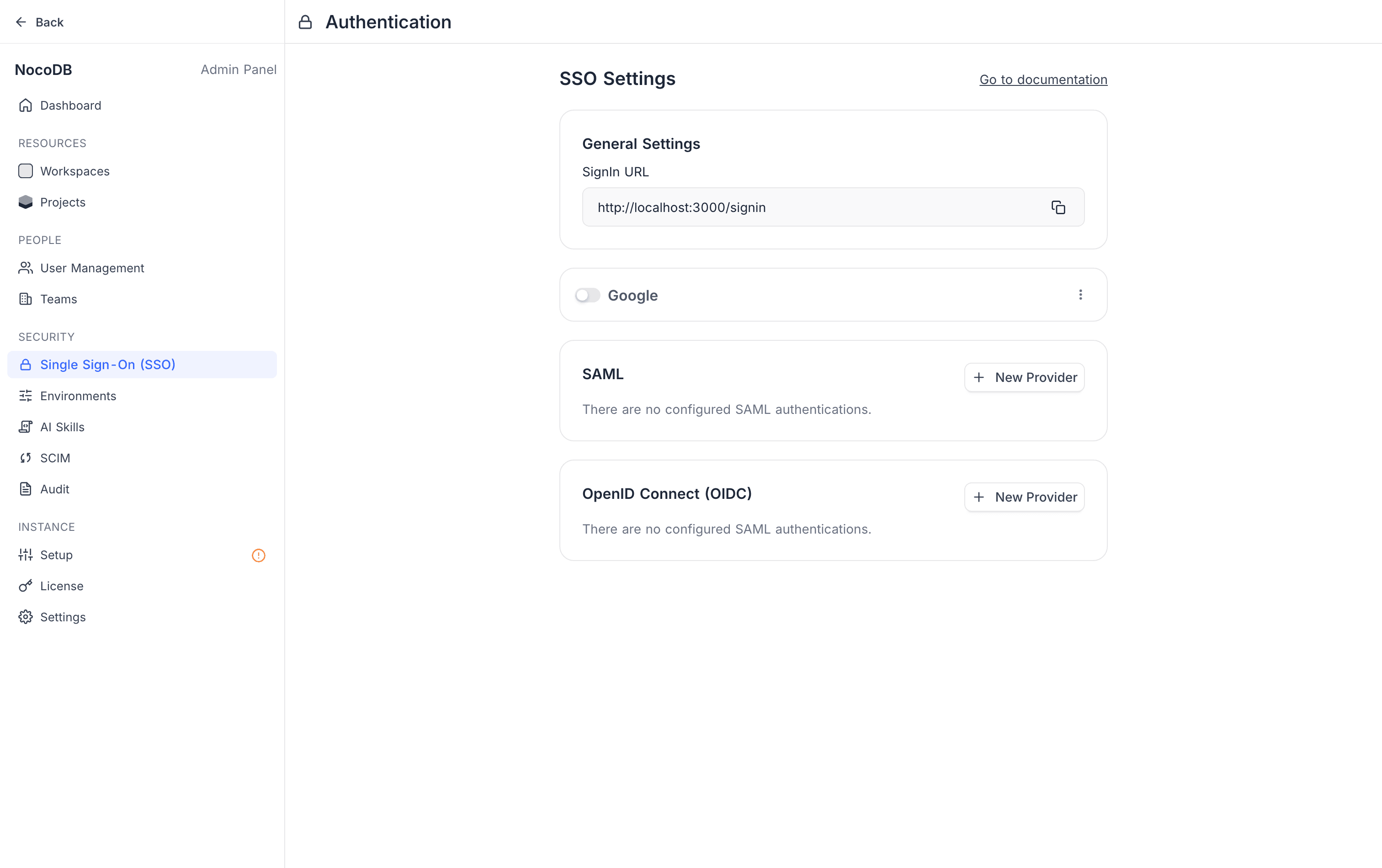 The Single Sign-On section of the Admin Panel