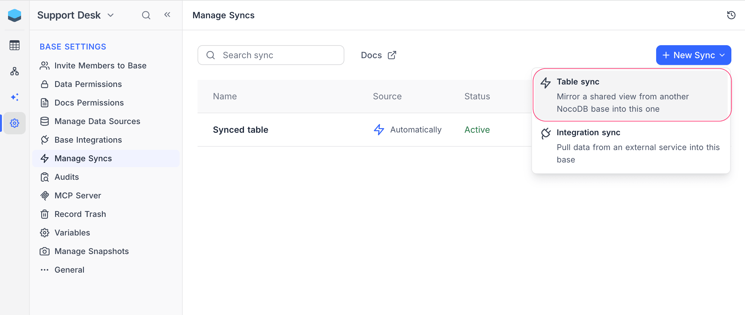 Create sync entry point from Manage Syncs