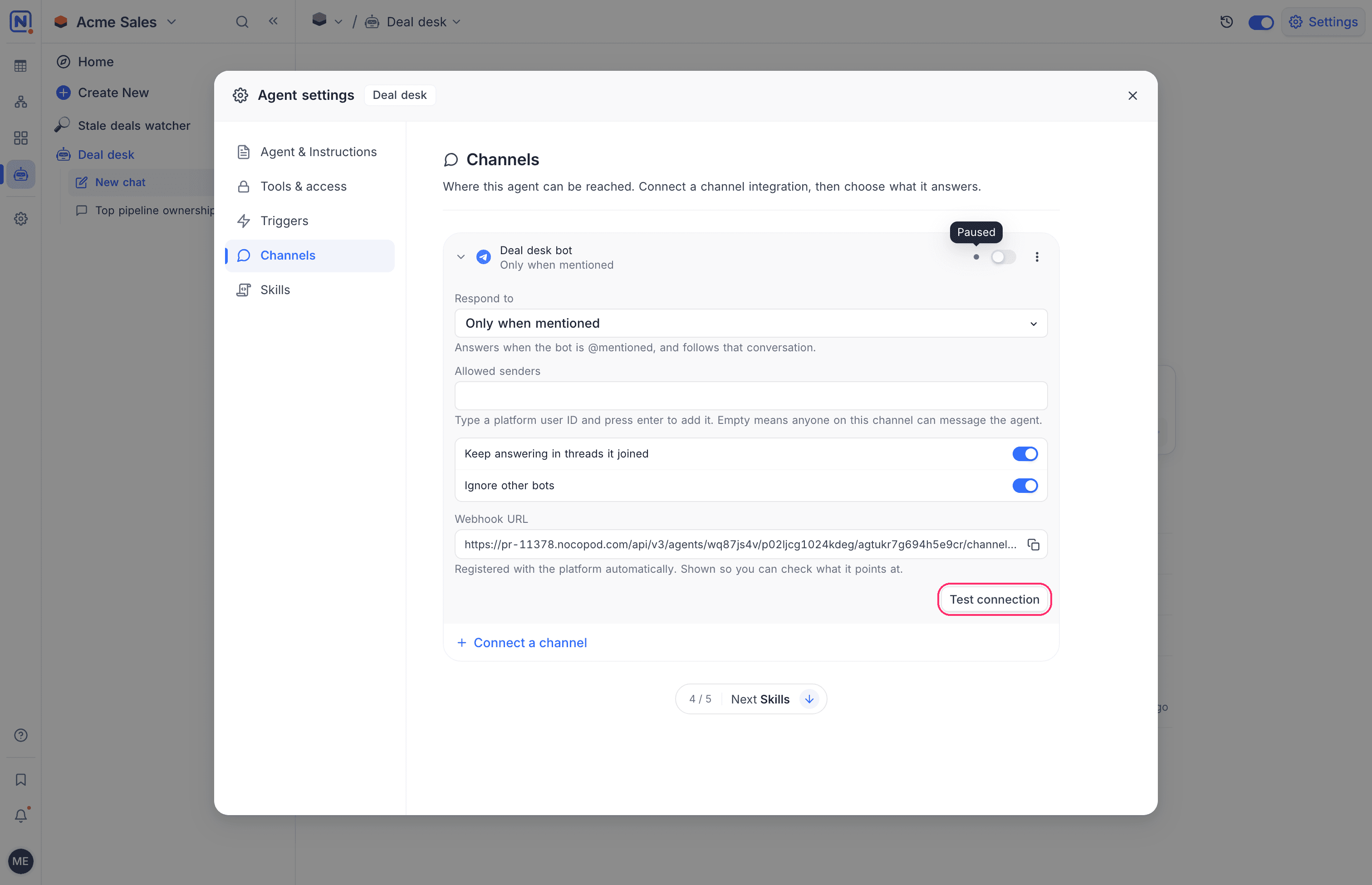 A Telegram channel in the Channels section with its Respond to setting, webhook URL and Test connection
