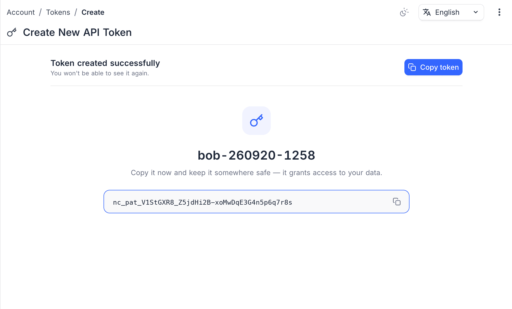 The token shown once after creation