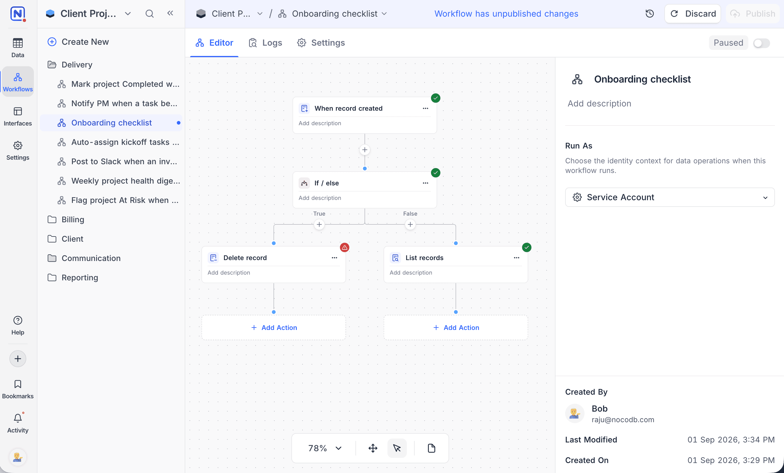Workflows sidebar with folders and status dots