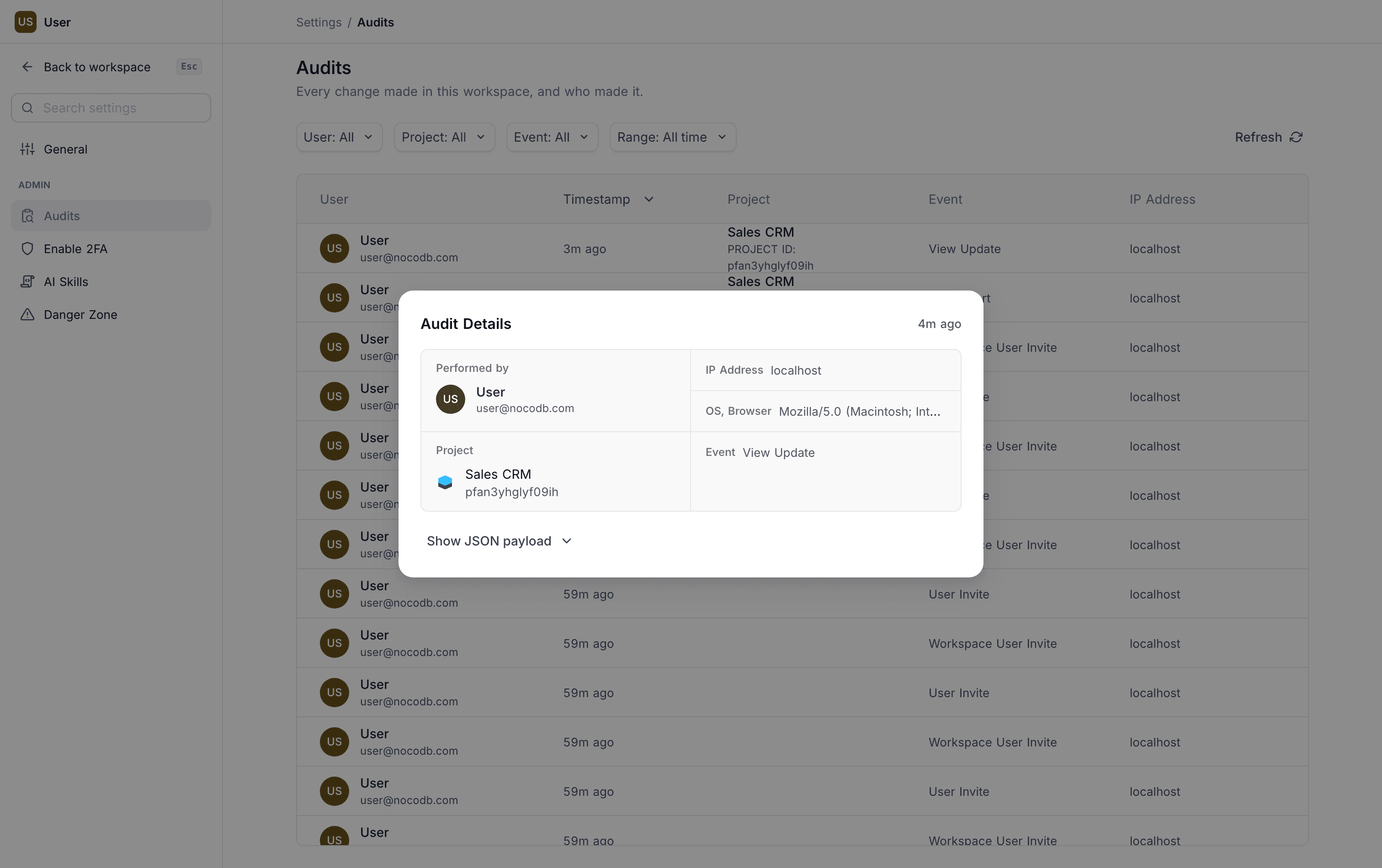 The Audit Details panel for one log entry
