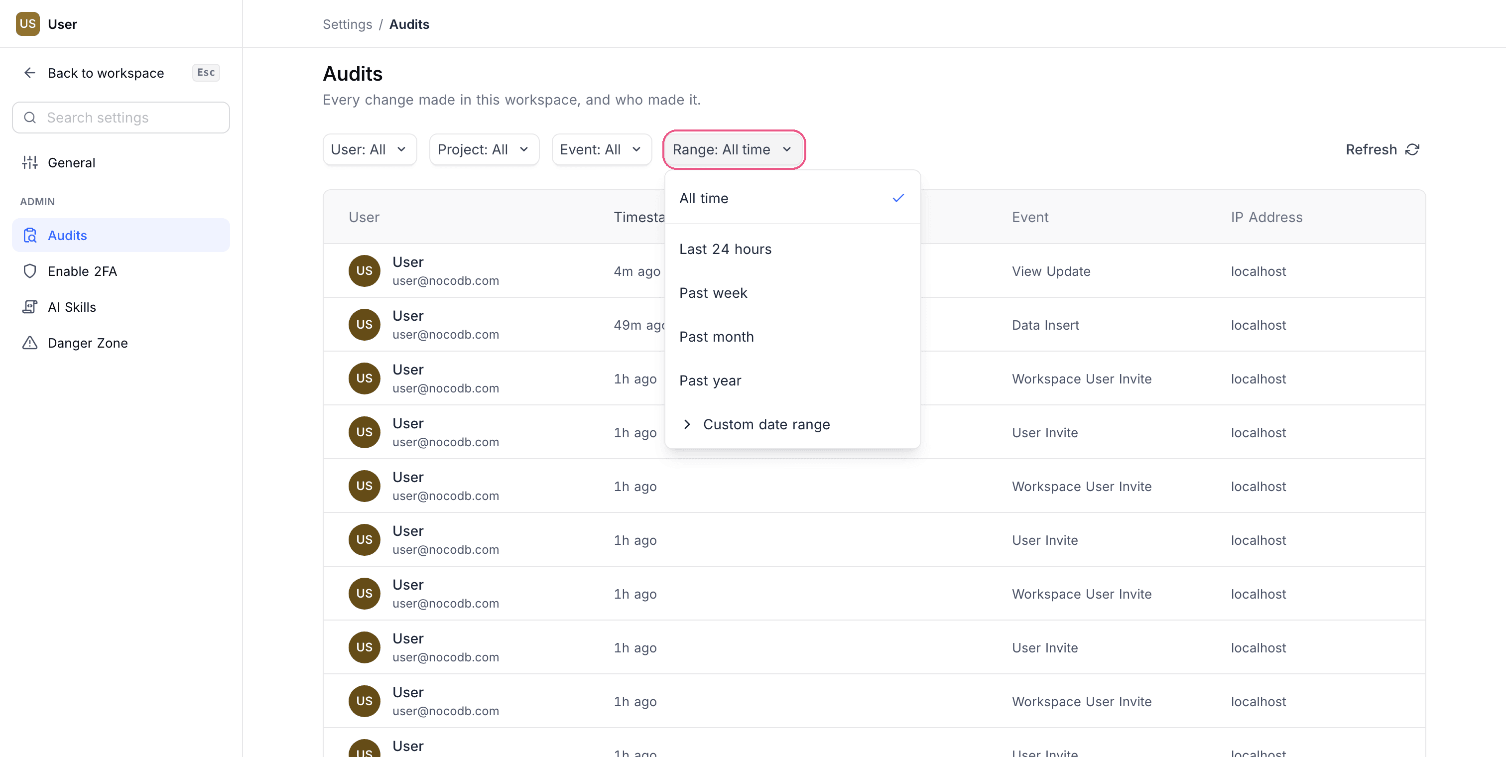 Filter audit logs by date range