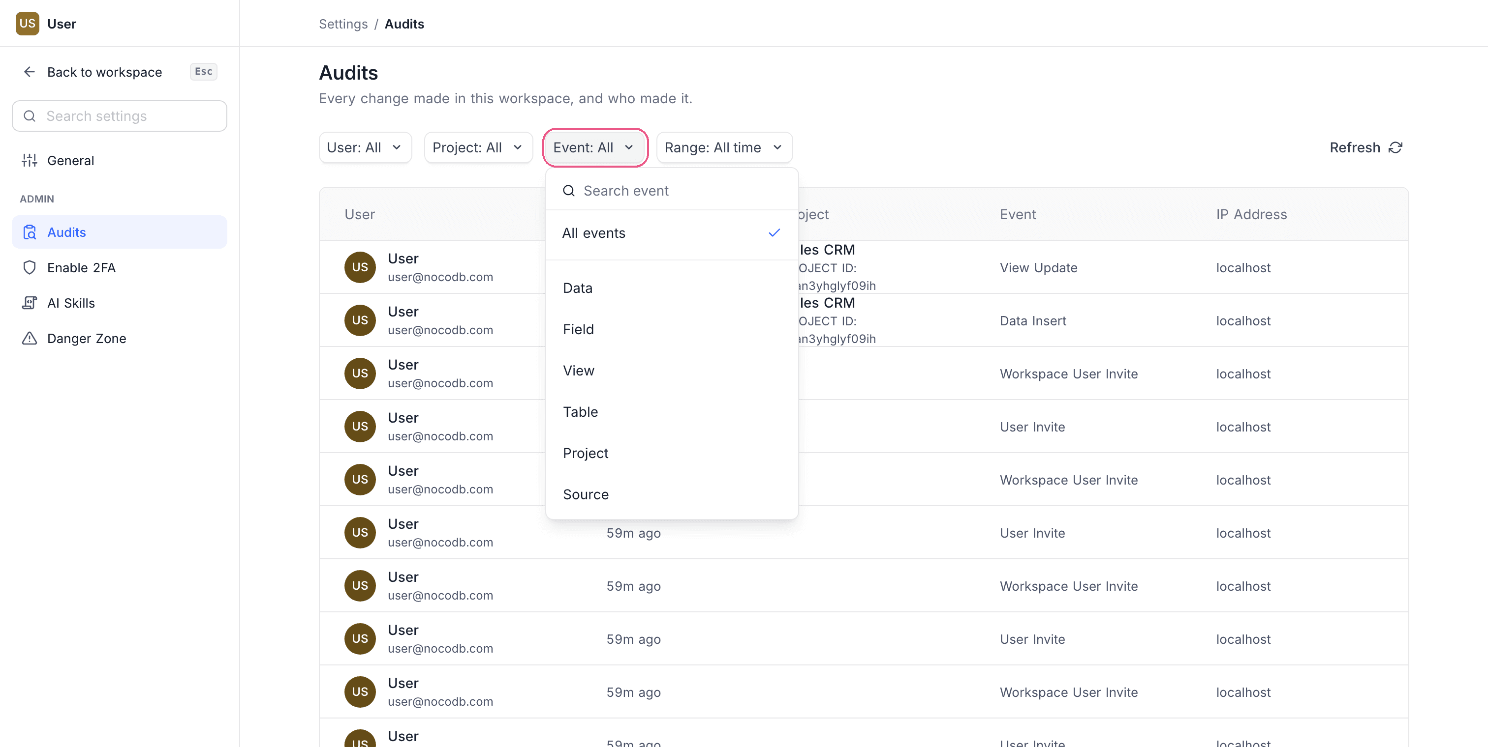 Filter audit logs by event