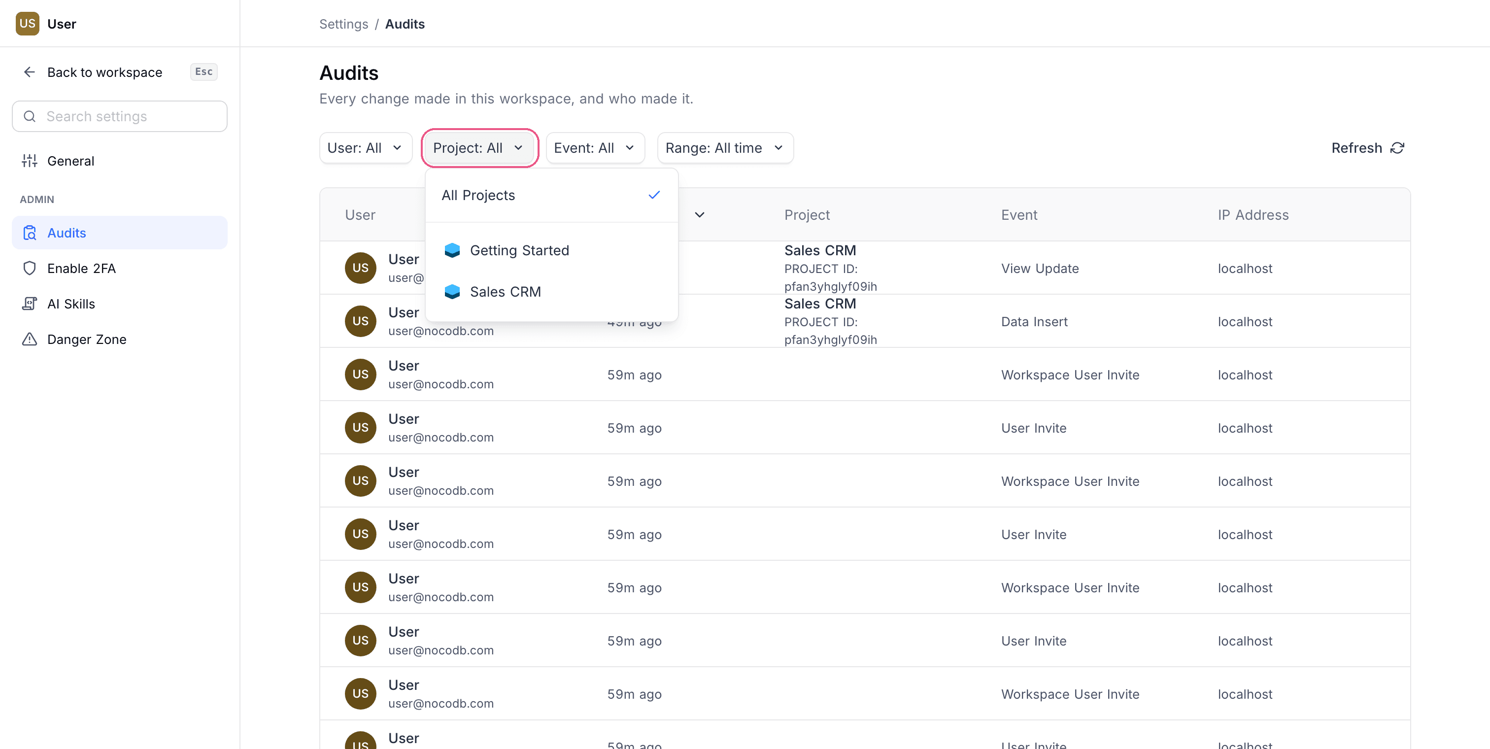 Filter audit logs by project