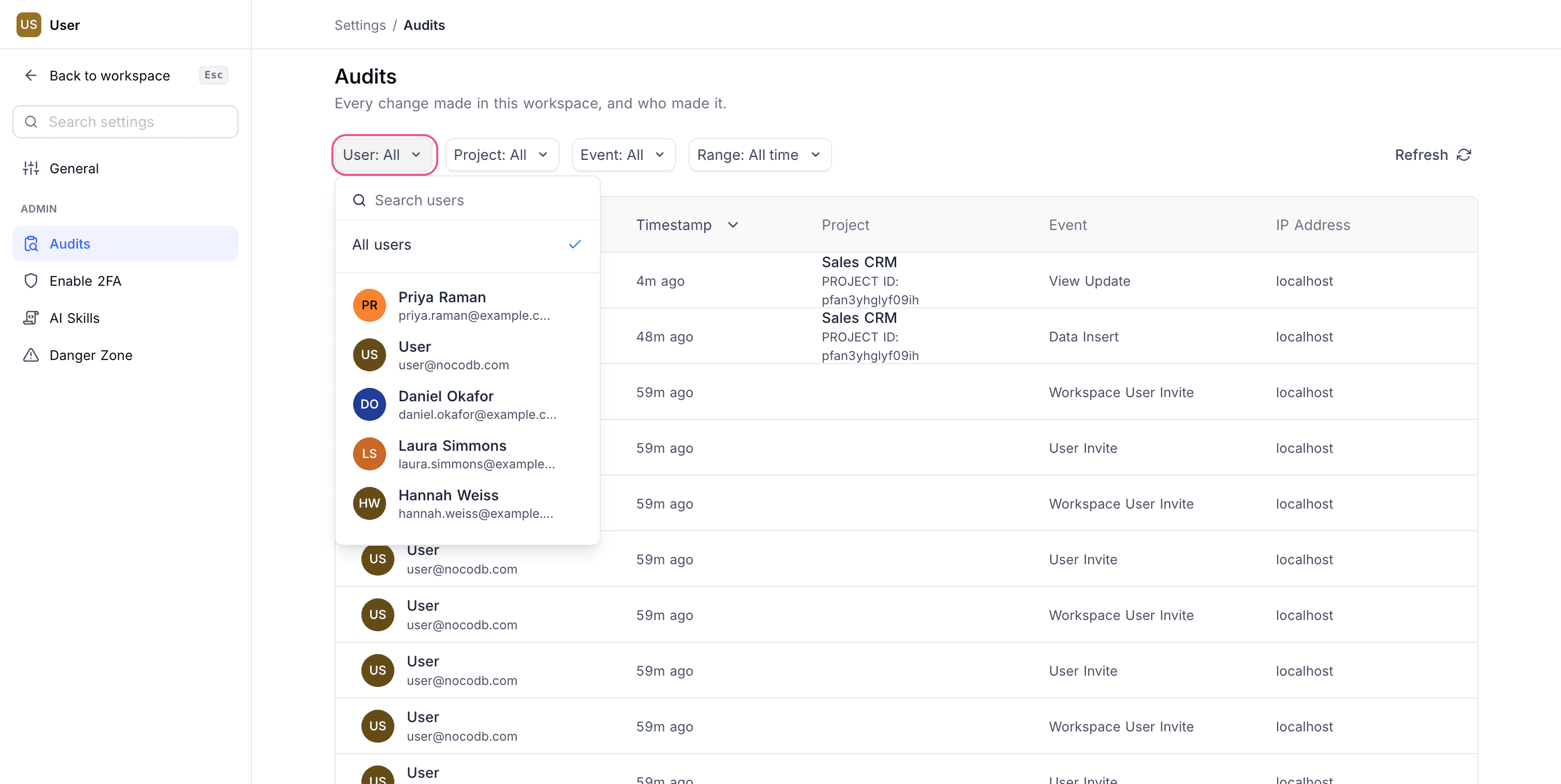 Filter audit logs by user