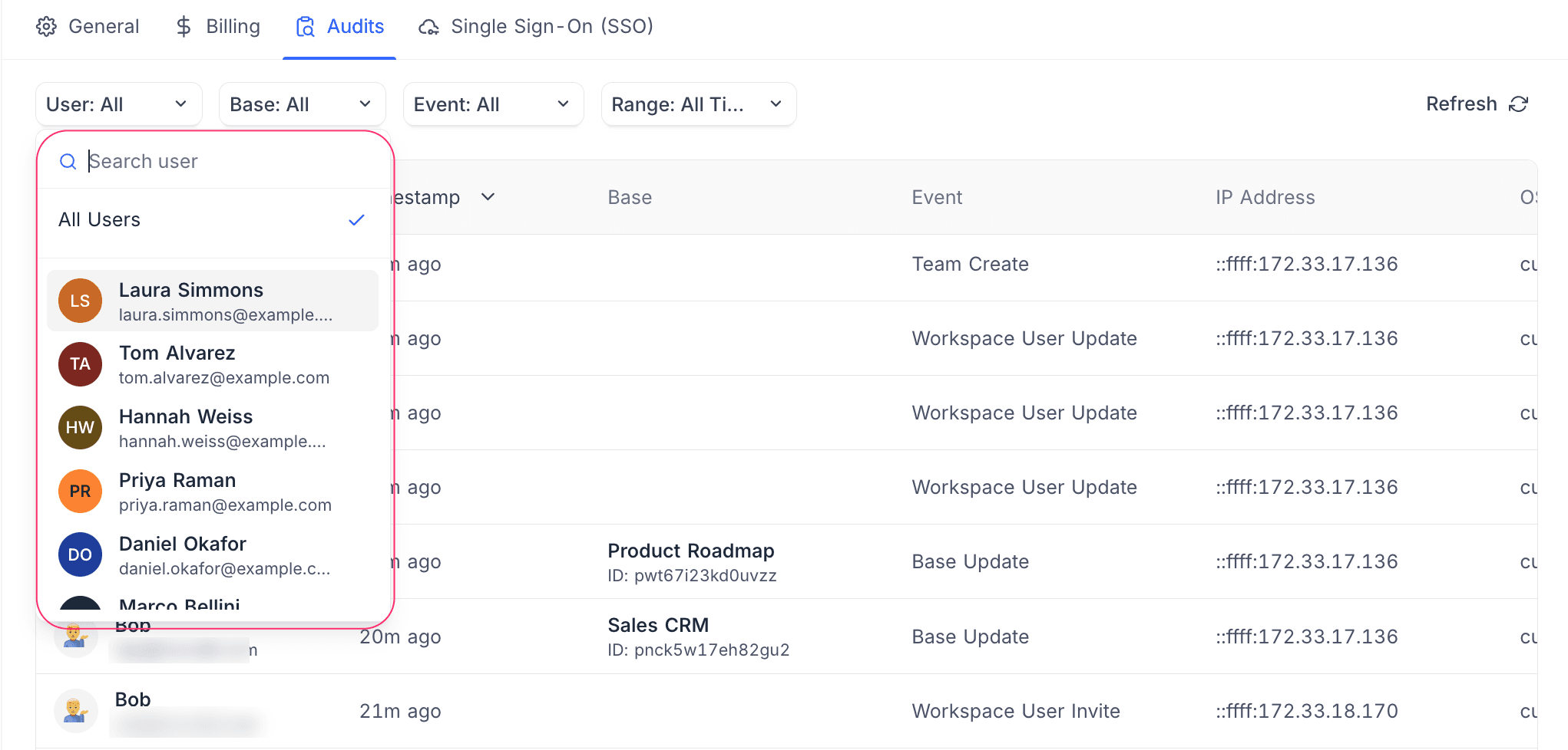 Filter audit logs by user