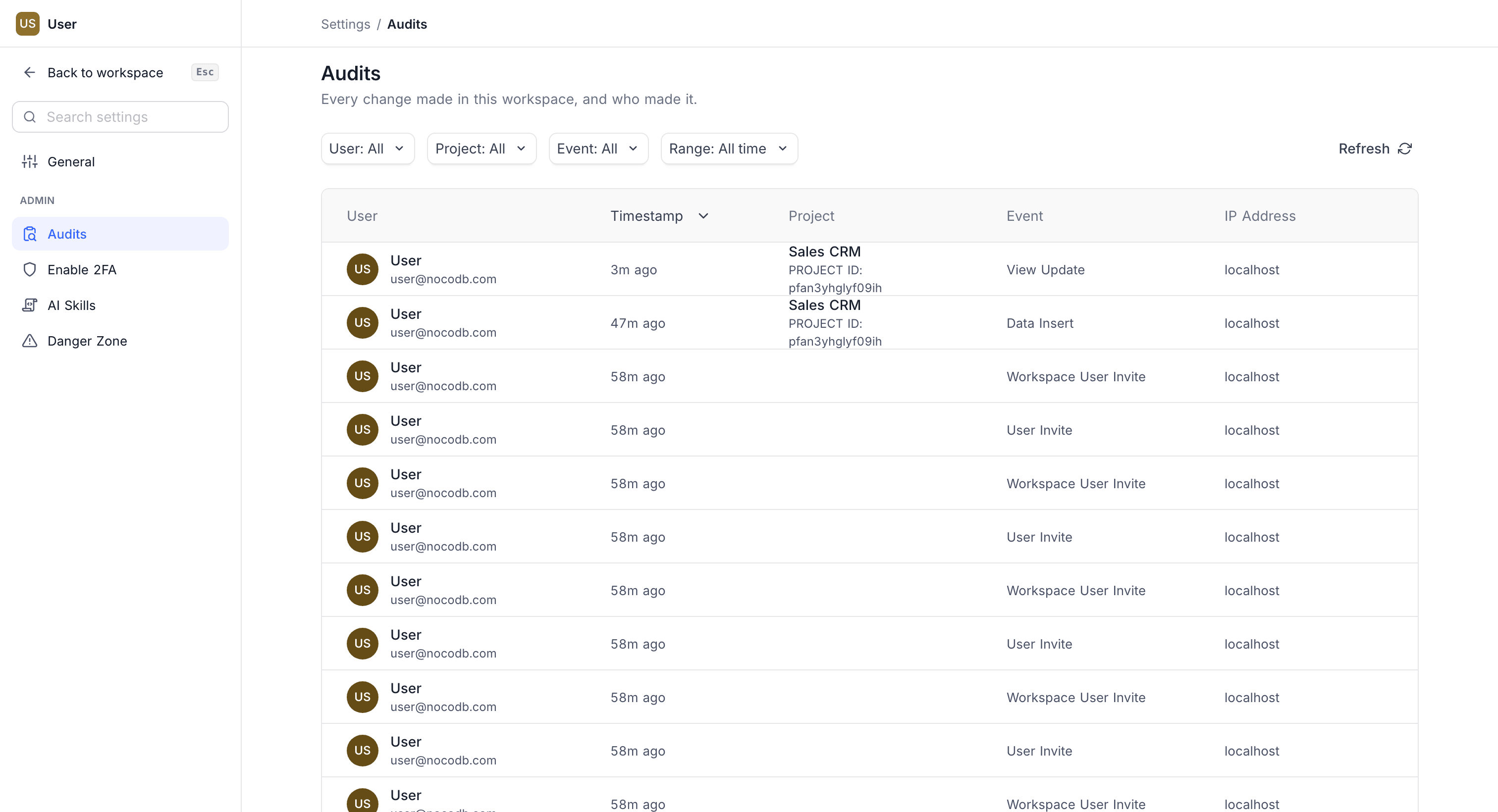 The Audits tab under workspace Settings