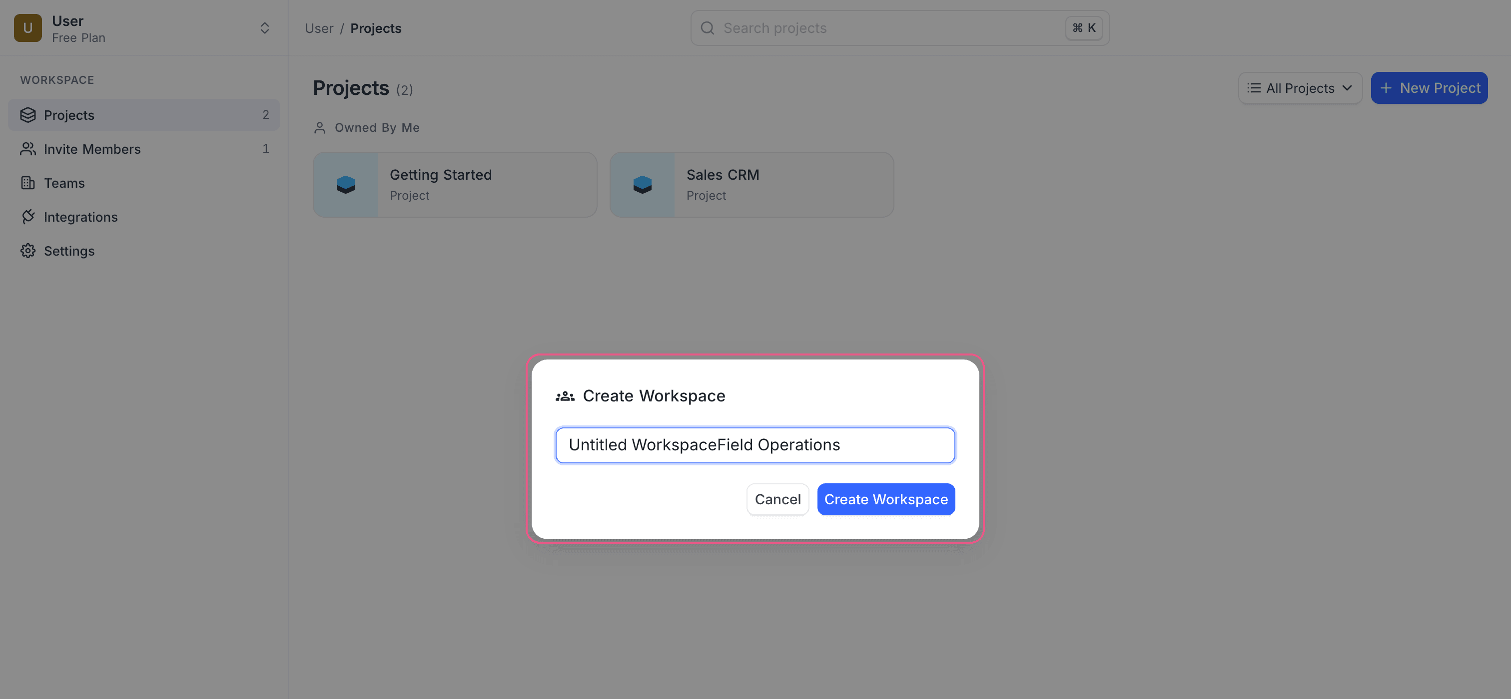 The Create Workspace dialog with a name entered