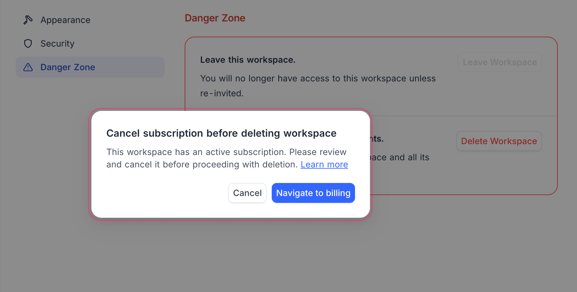 Cancel subscription before deleting workspace