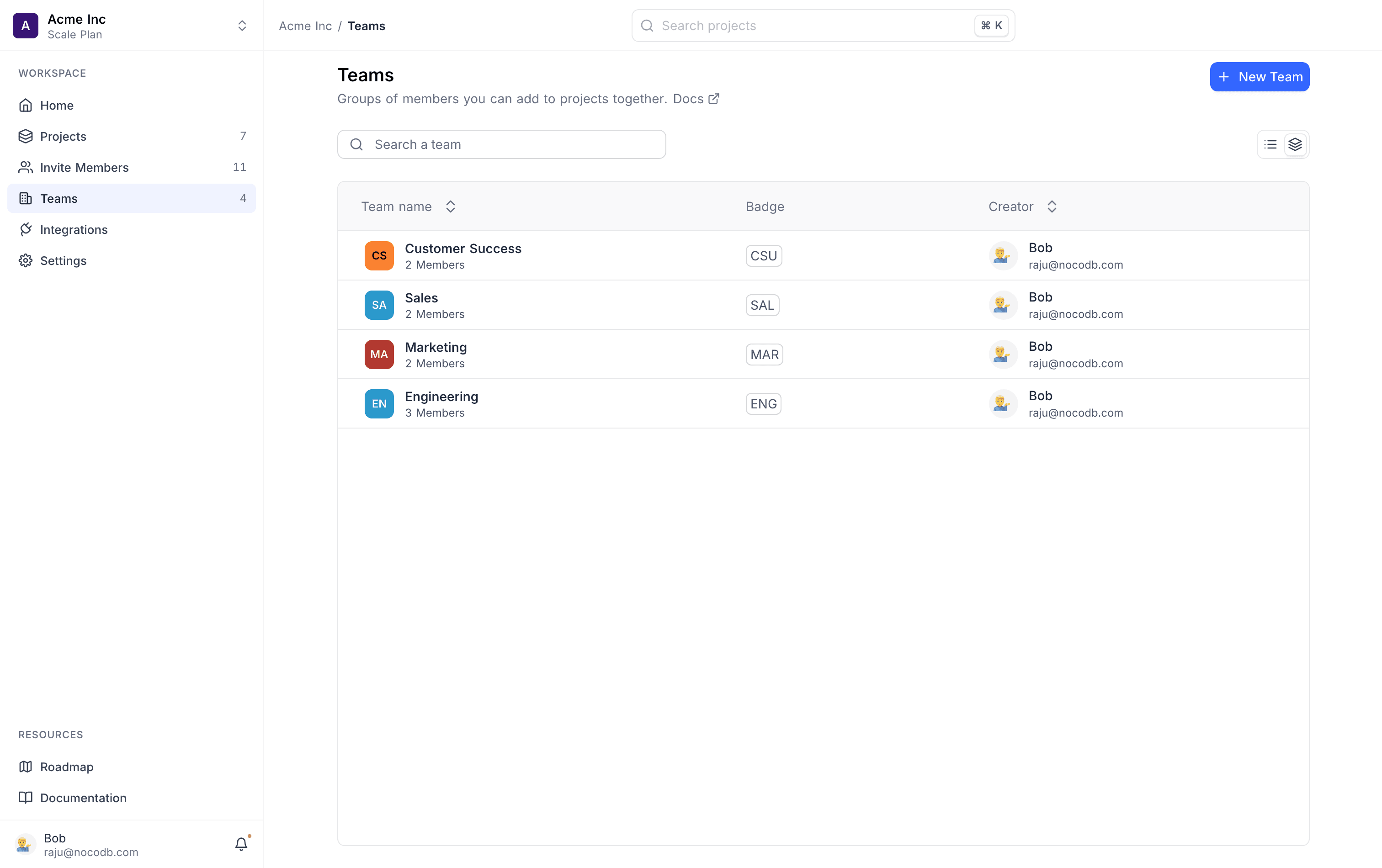 Teams page